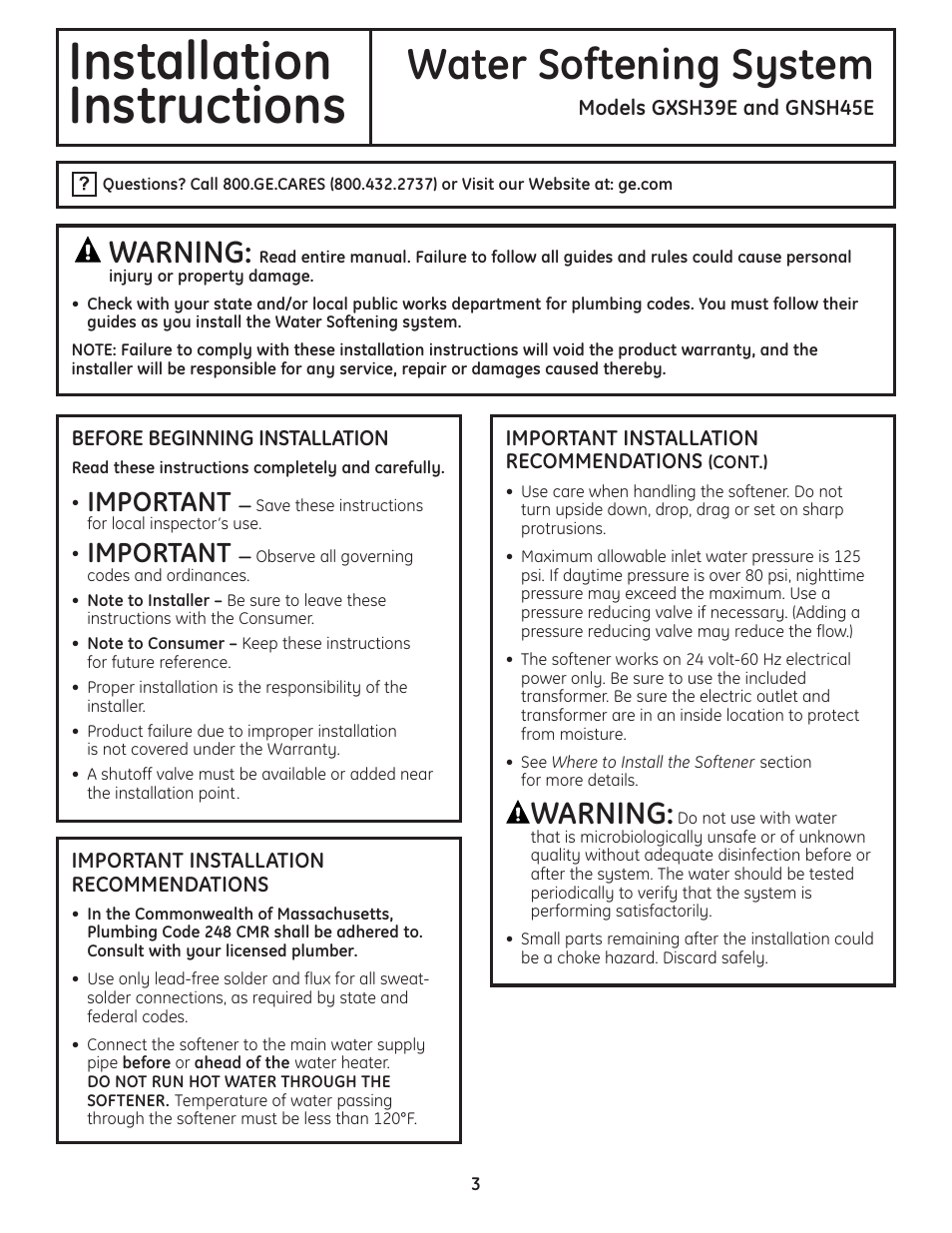 Installation instructions, Installation, Instructions | Water softening system, Warning, Important | GE GNSH45E User Manual | Page 3 / 64