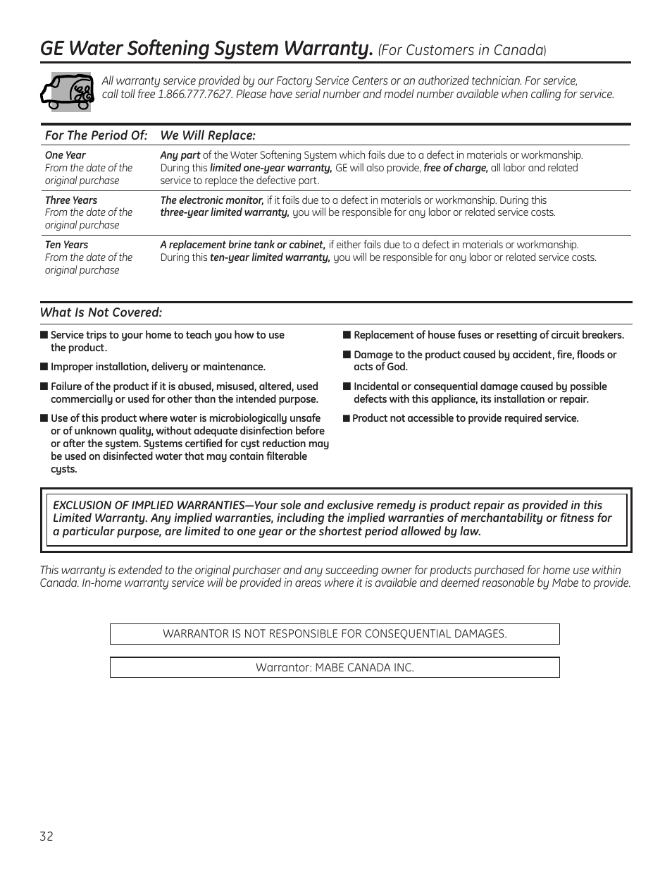 Warranty (canada), Ge water softening system warranty, For customers in canada | GE GNSH45E User Manual | Page 32 / 64