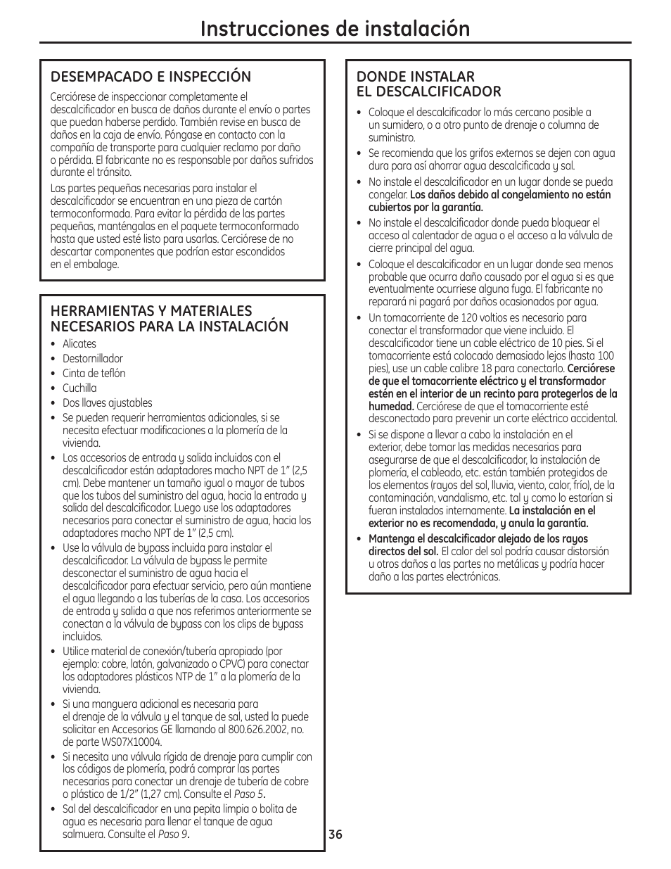 Instrucciones de instalación | GE GNSH45E User Manual | Page 36 / 64