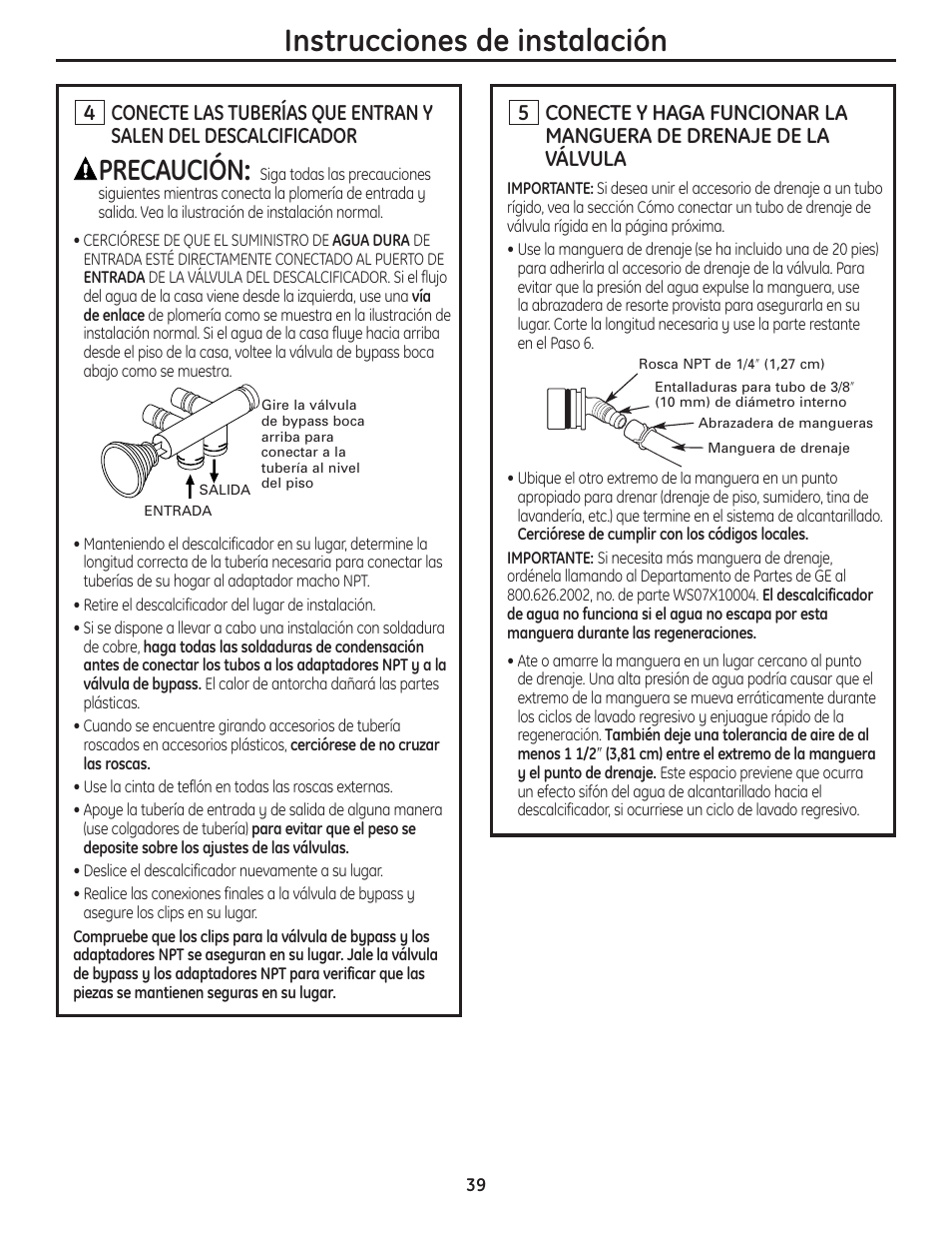 Instrucciones de instalación, Precaución | GE GNSH45E User Manual | Page 39 / 64