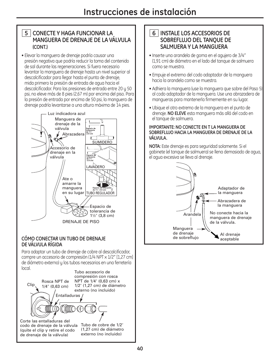 Instrucciones de instalación, Cont.), Cómo conectar un tubo de drenaje de válvula rígida | GE GNSH45E User Manual | Page 40 / 64