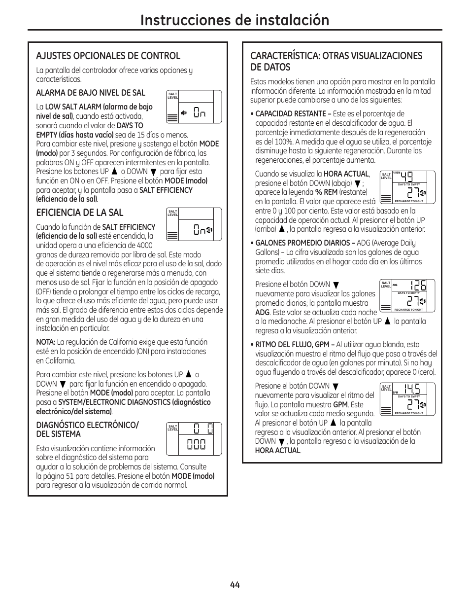 Instrucciones de instalación, Ajustes opcionales de control, Eficiencia de la sal | Característica: otras visualizaciones de datos, Alarma de bajo nivel de sal, Diagnóstico electrónico/ del sistema | GE GNSH45E User Manual | Page 44 / 64