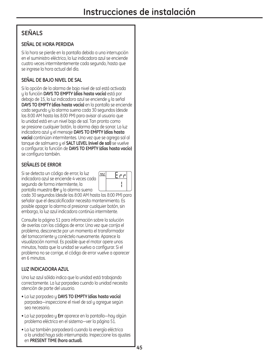 Instrucciones de instalación, Señals | GE GNSH45E User Manual | Page 45 / 64