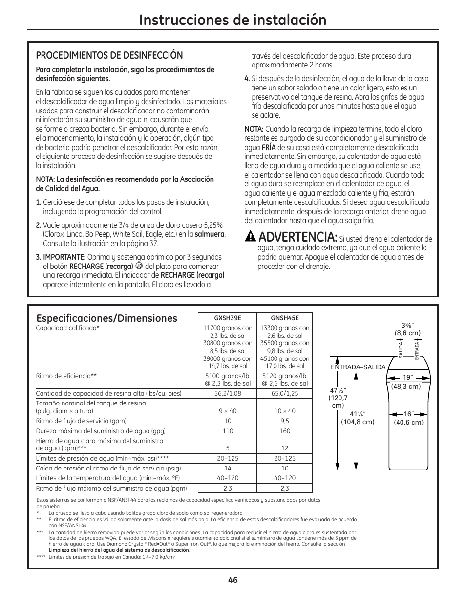 Instrucciones de instalación, Advertencia, Especificaciones/dimensiones | Procedimientos de desinfección | GE GNSH45E User Manual | Page 46 / 64