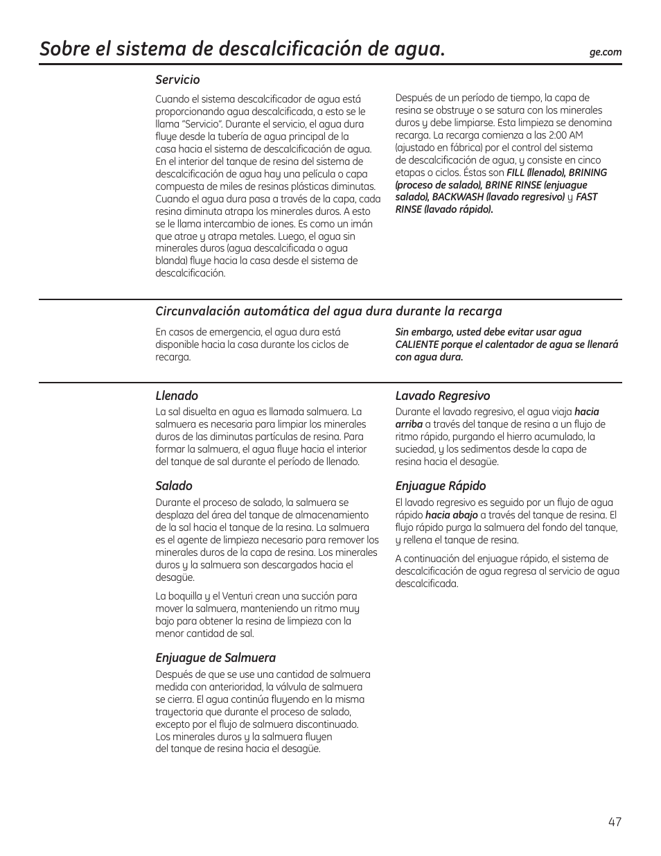 Servicio, Sistema de descalcificación de agua, Sobre el sistema de descalcificación de agua | GE GNSH45E User Manual | Page 47 / 64