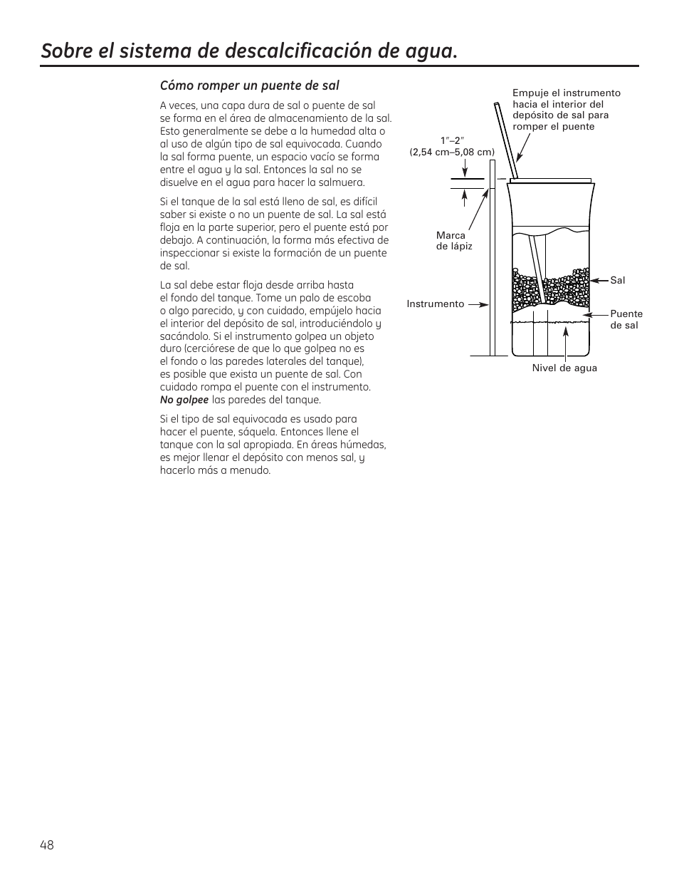 Cómo romper un puente de sal, Sobre el sistema de descalcificación de agua | GE GNSH45E User Manual | Page 48 / 64