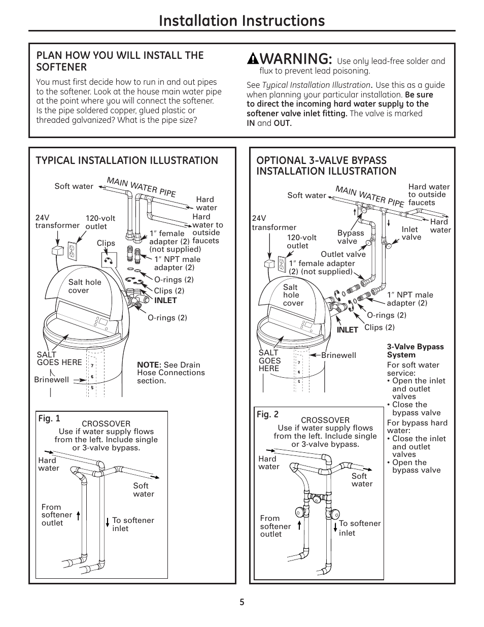 Installation instructions, Warning, Plan how you will install the softener | Typical installation illustration, Optional 3-valve bypass installation illustration | GE GNSH45E User Manual | Page 5 / 64