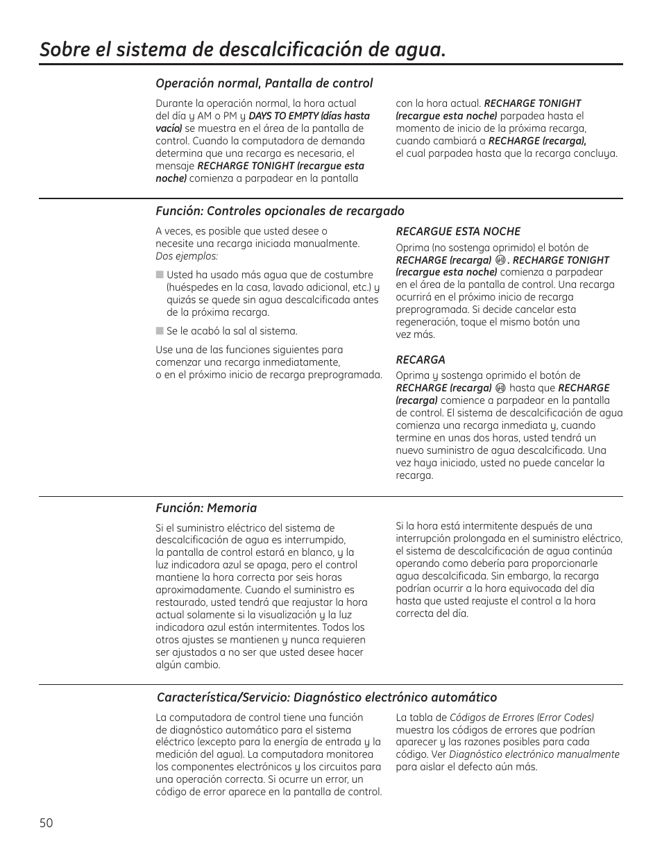 Funciones, Sobre el sistema de descalcificación de agua | GE GNSH45E User Manual | Page 50 / 64