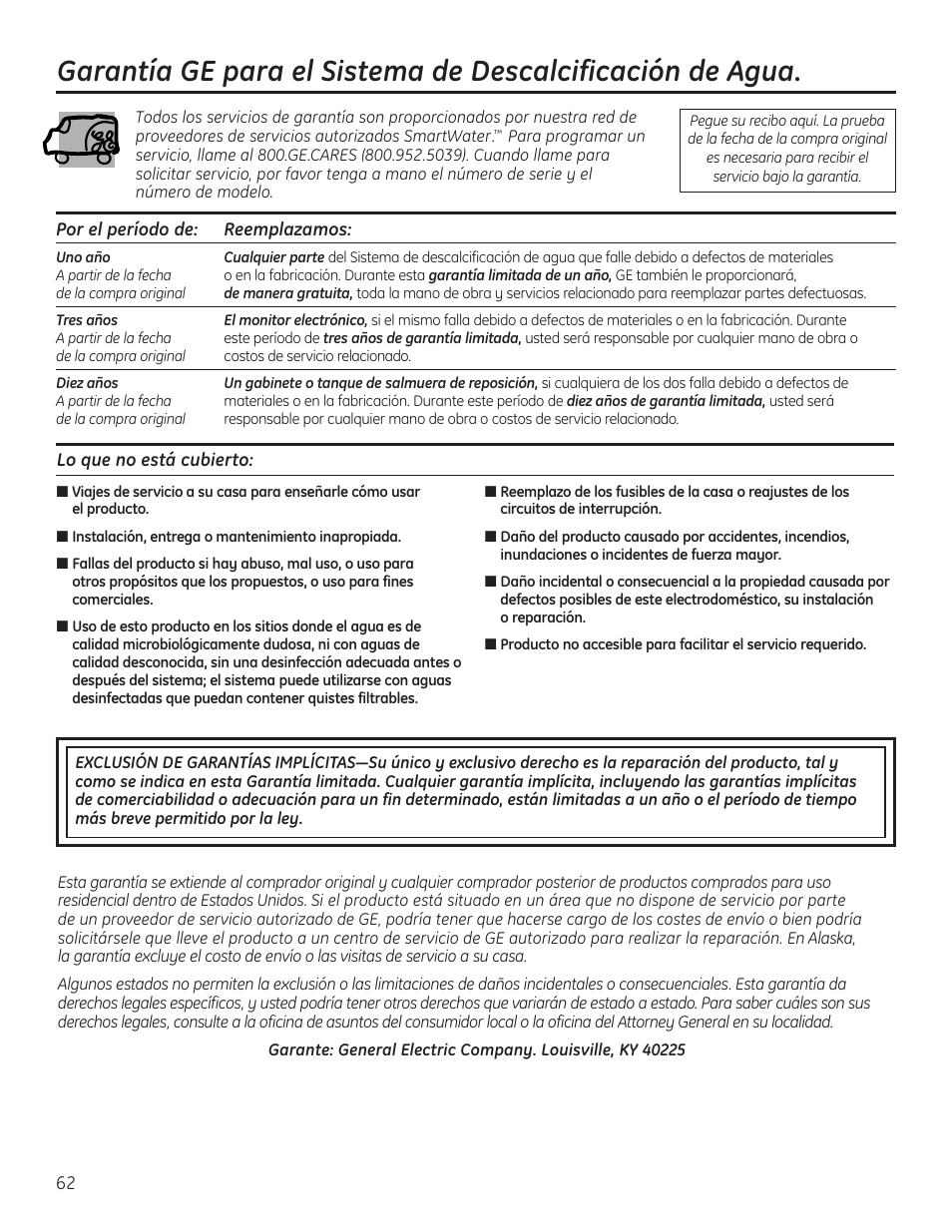 Garantía | GE GNSH45E User Manual | Page 62 / 64