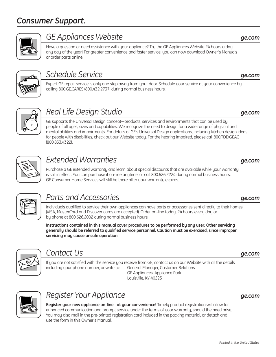 Consumer support, Consumer support . . . . . . . .back cover, Ge appliances website | Schedule service, Real life design studio, Extended warranties, Parts and accessories, Contact us, Register your appliance | GE GNSH45E User Manual | Page 64 / 64