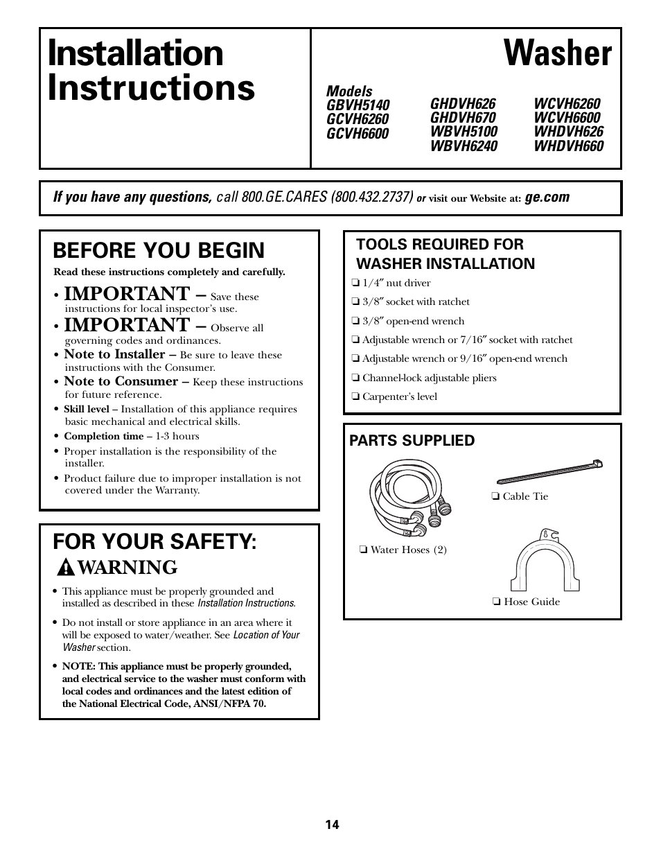 Installation instructions, Preparing to install your washer, Installation washer instructions | Before you begin, For your safety, Important, Warning | GE GHDVH670 User Manual | Page 14 / 76