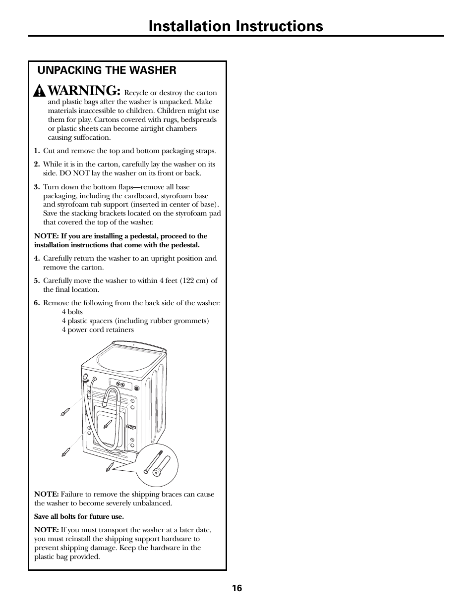 Unpacking your washer, Installation instructions, Warning | Unpacking the washer | GE GHDVH670 User Manual | Page 16 / 76