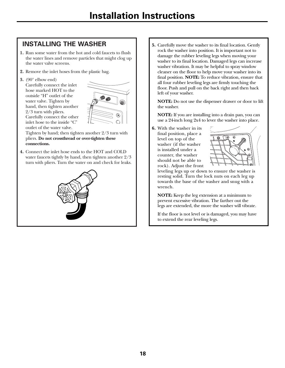 Installing the washer, Installing the washer , 19, Installation instructions | GE GHDVH670 User Manual | Page 18 / 76