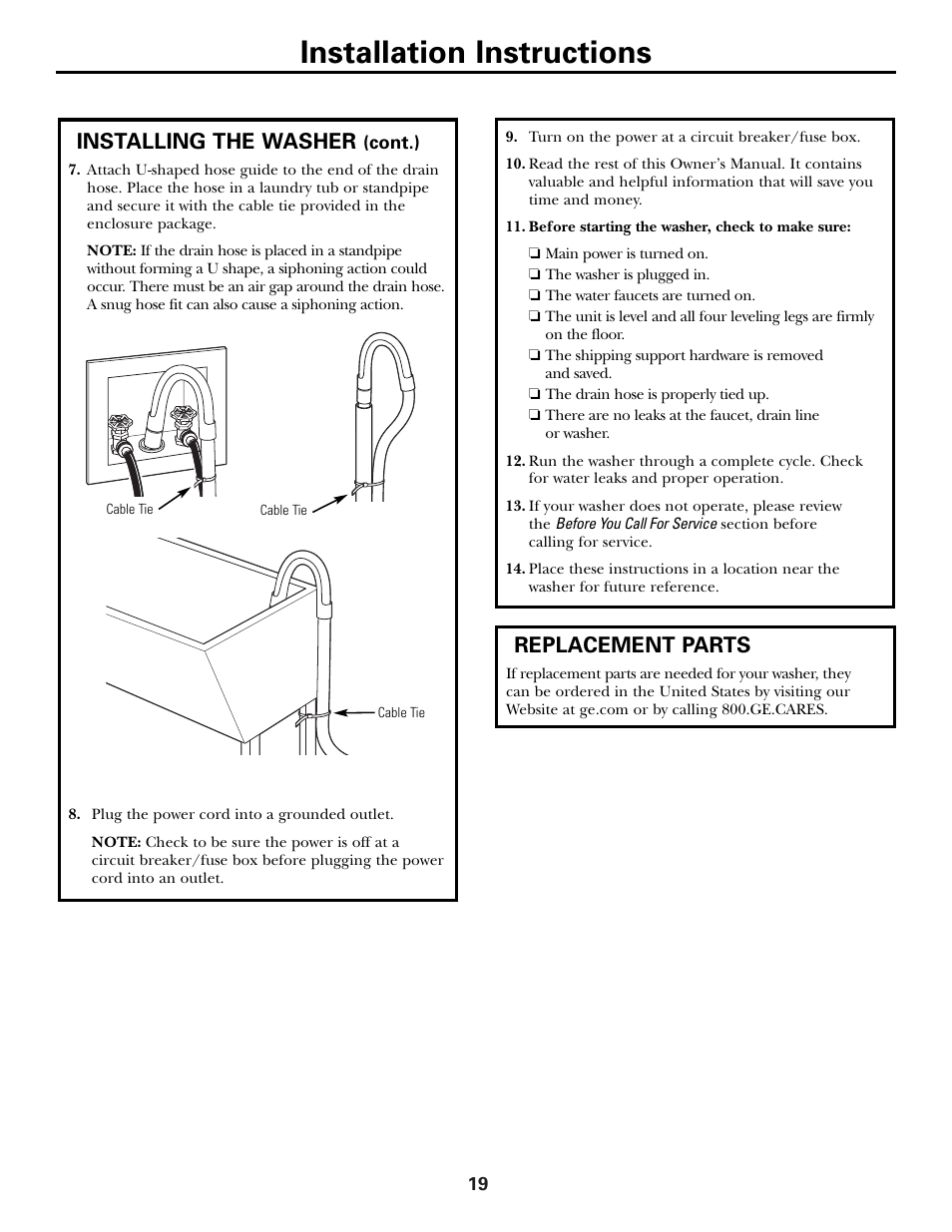Replacement parts, Installation instructions, Installing the washer | GE GHDVH670 User Manual | Page 19 / 76