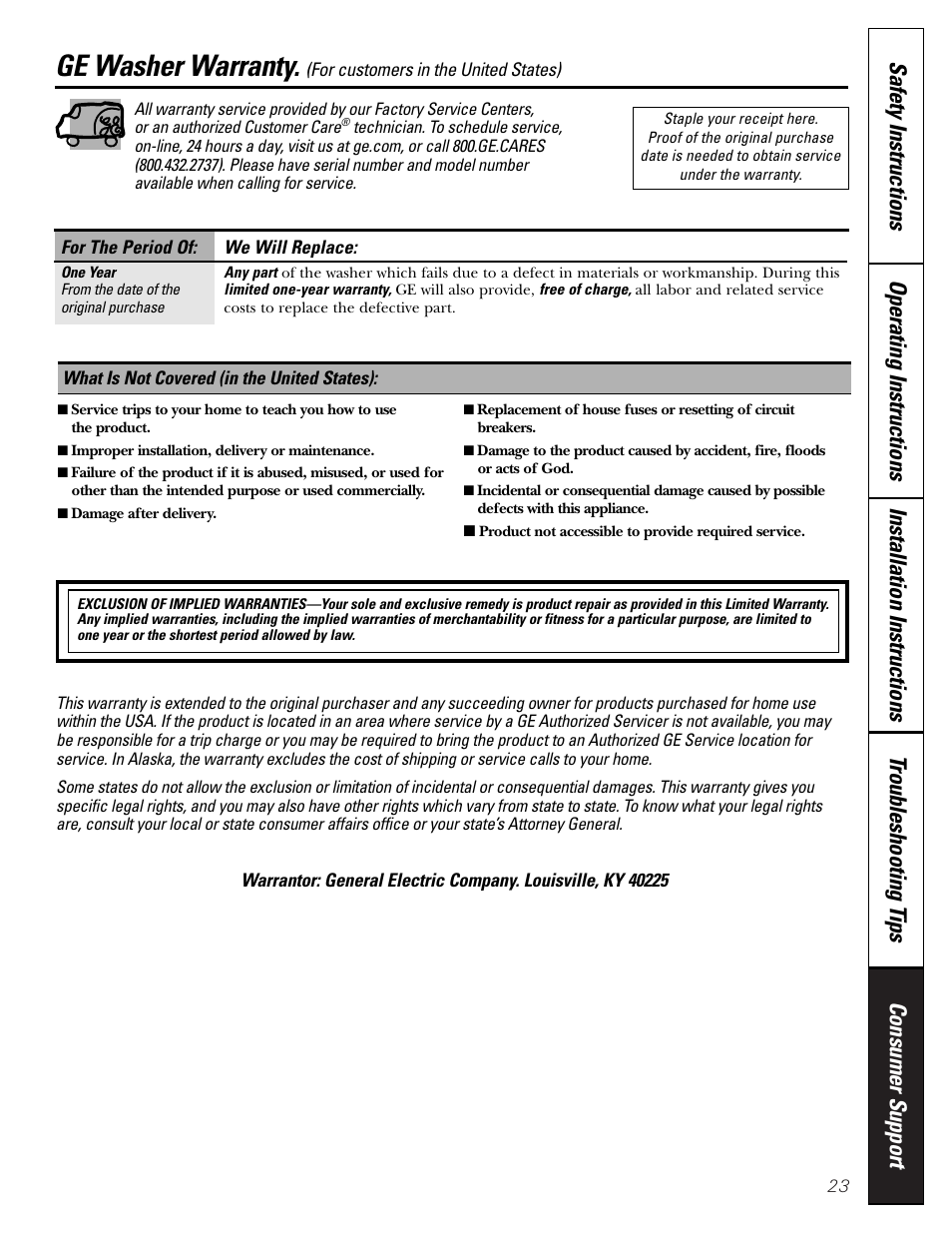 Warranty (u.s.), Ge washer warranty | GE GHDVH670 User Manual | Page 23 / 76