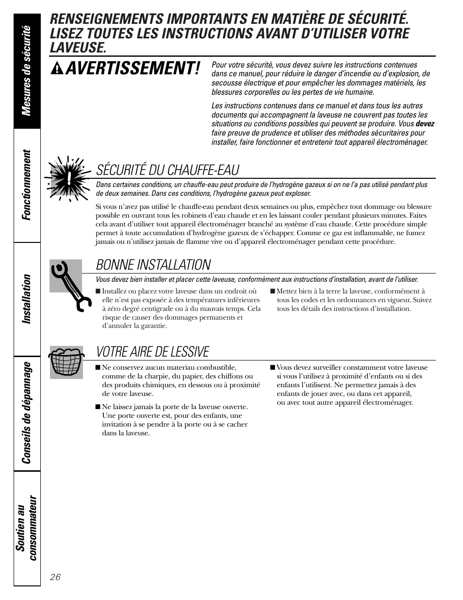 Mesures de sécurité, Avertissement, Sécurité du chauffe-eau | Bonne installation, Votre aire de lessive | GE GHDVH670 User Manual | Page 26 / 76