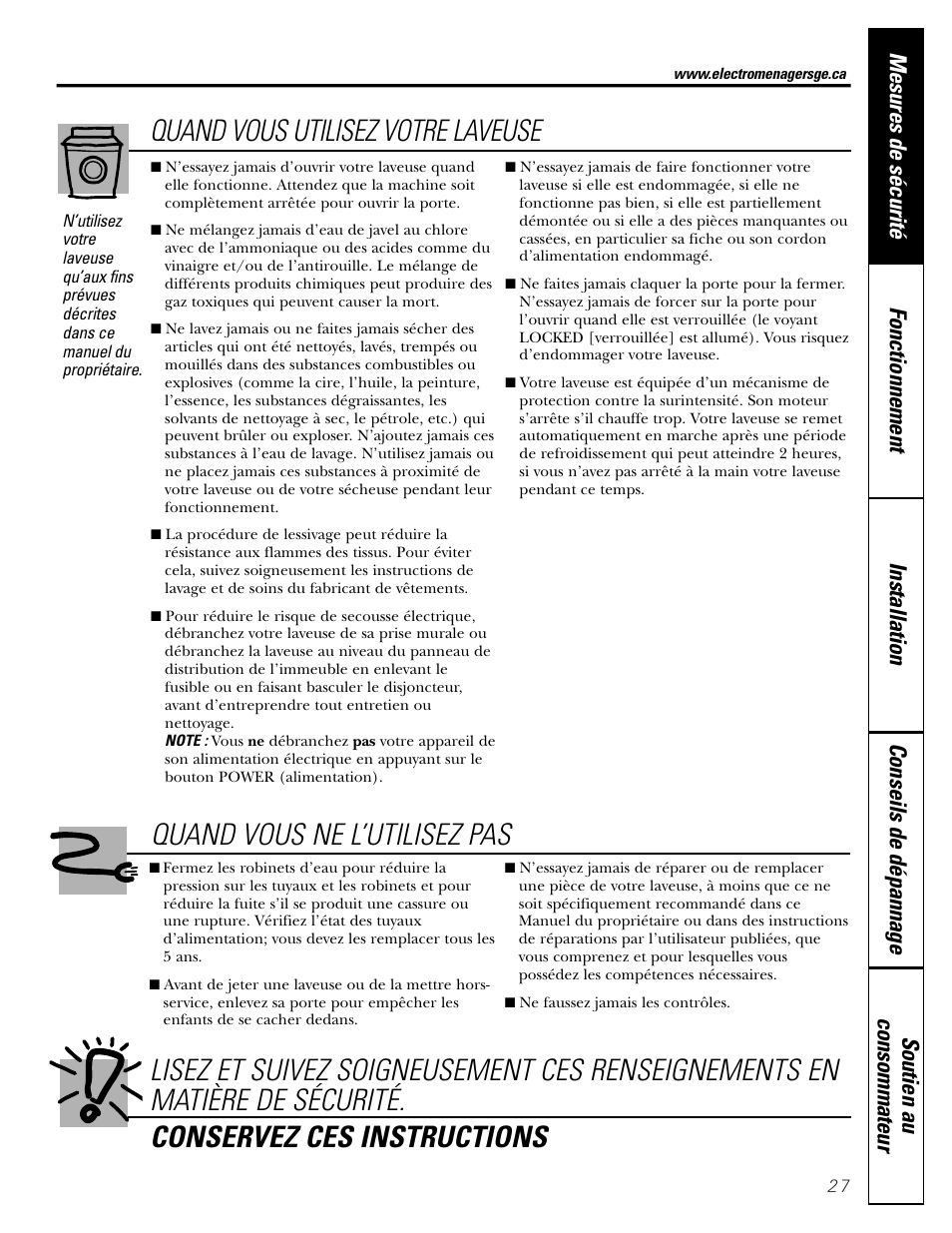 Quand vous utilisez votre laveuse | GE GHDVH670 User Manual | Page 27 / 76