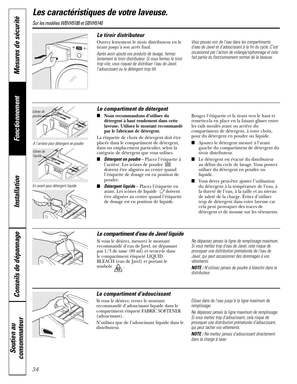 Les caractéristiques de votre laveuse | GE GHDVH670 User Manual | Page 34 / 76