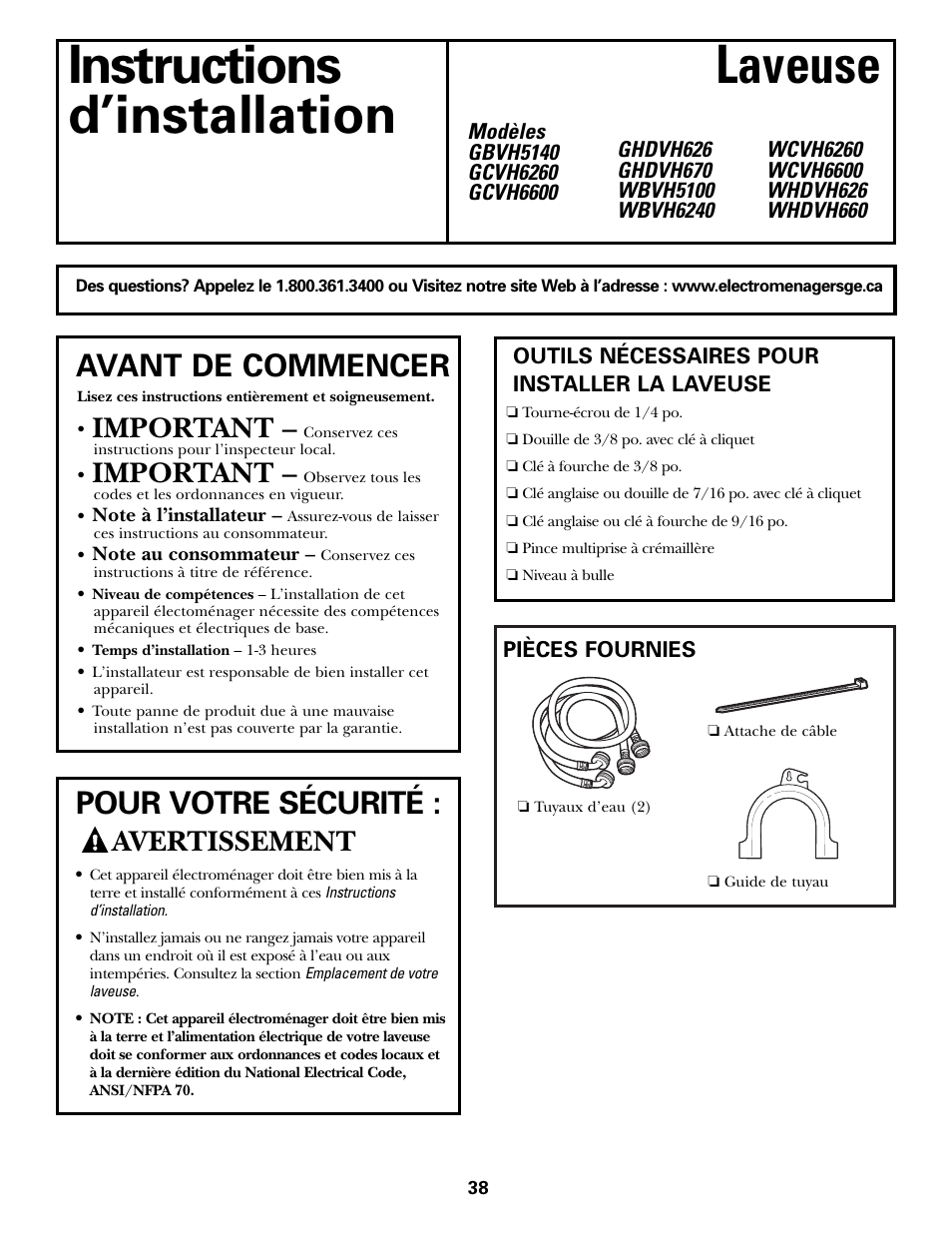 Installation, Préparation à l’installation de votre laveuse, Instructions laveuse d’installation | Avant de commencer, Pour votre sécurité, Important, Avertissement | GE GHDVH670 User Manual | Page 38 / 76