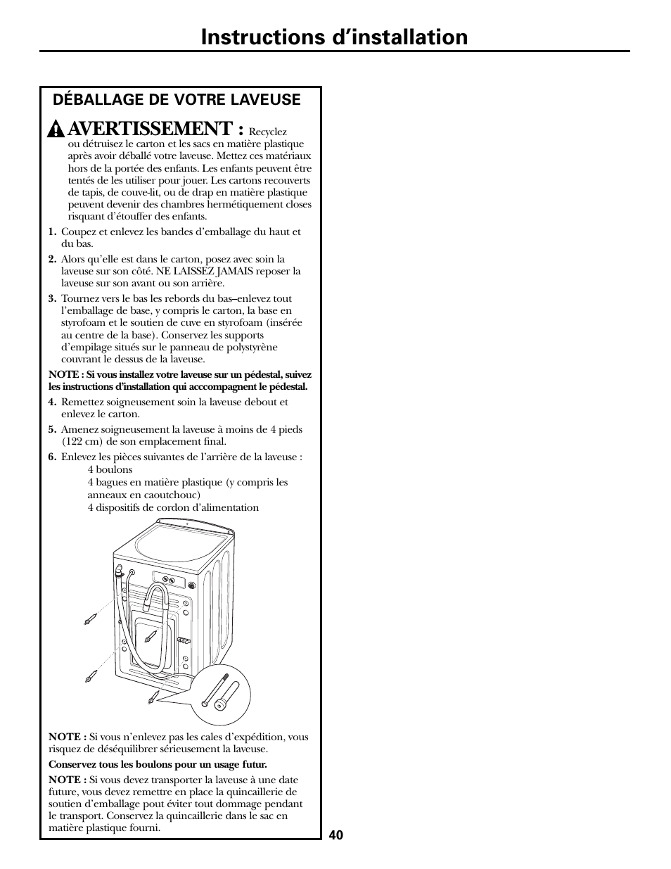 Déballage de votre laveuse, Instructions d’installation, Avertissement | GE GHDVH670 User Manual | Page 40 / 76