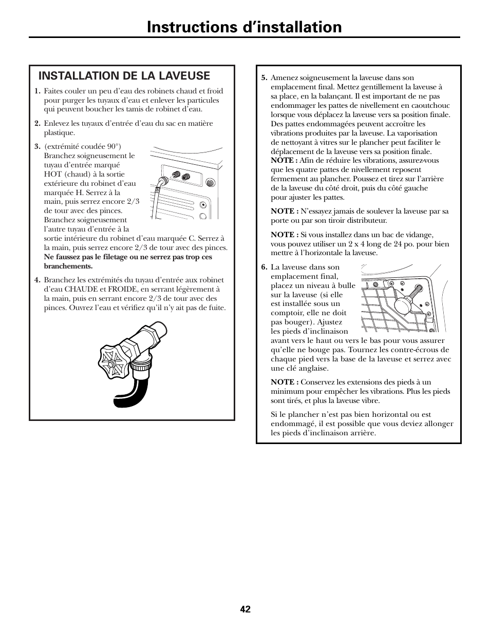 Installation de la laveuse, Installation de la laveuse , 43, Instructions d’installation | GE GHDVH670 User Manual | Page 42 / 76