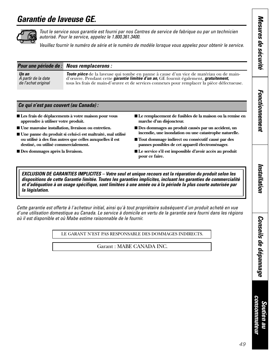 Garantie (canada), Garantie de laveuse ge | GE GHDVH670 User Manual | Page 49 / 76