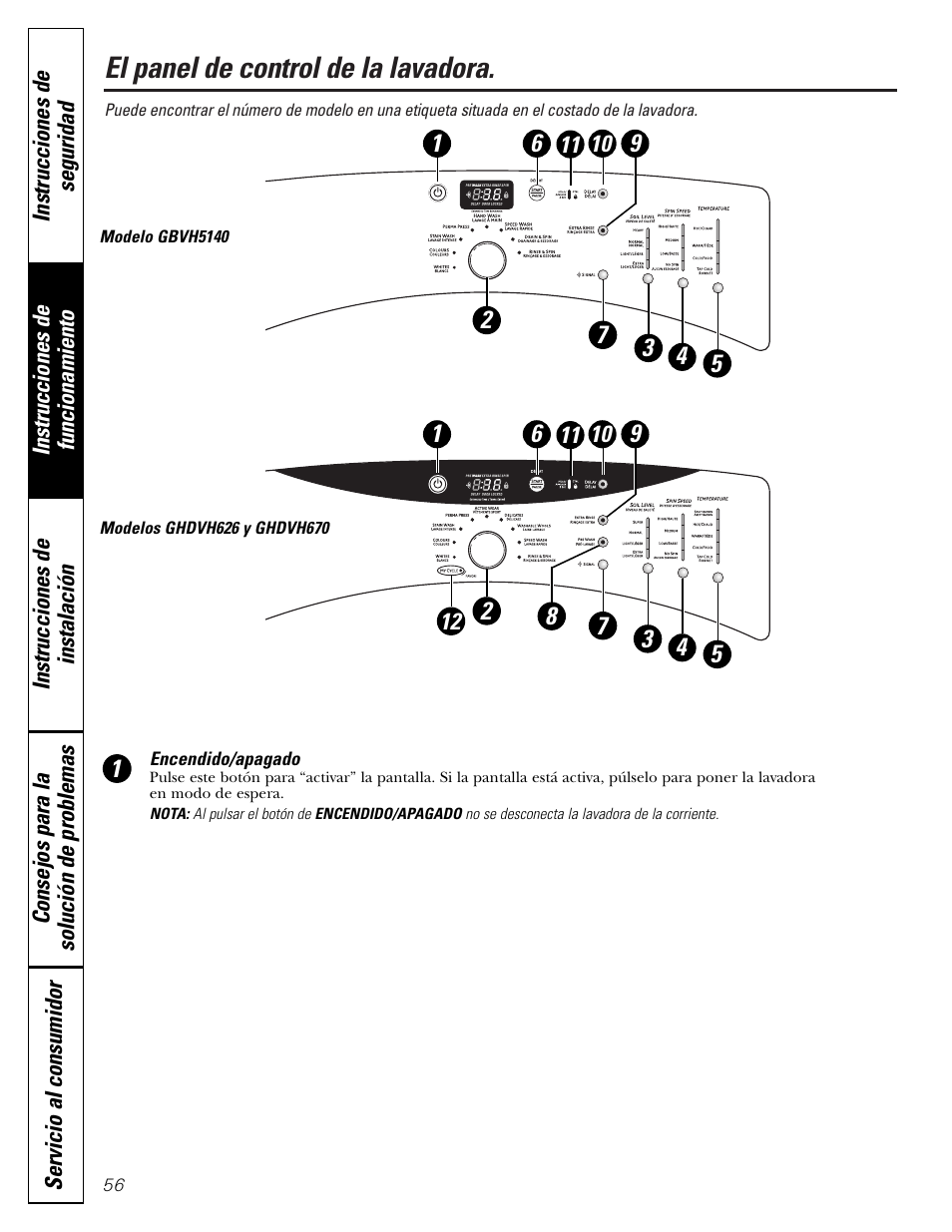 El panel de control de la lavadora | GE GHDVH670 User Manual | Page 56 / 76