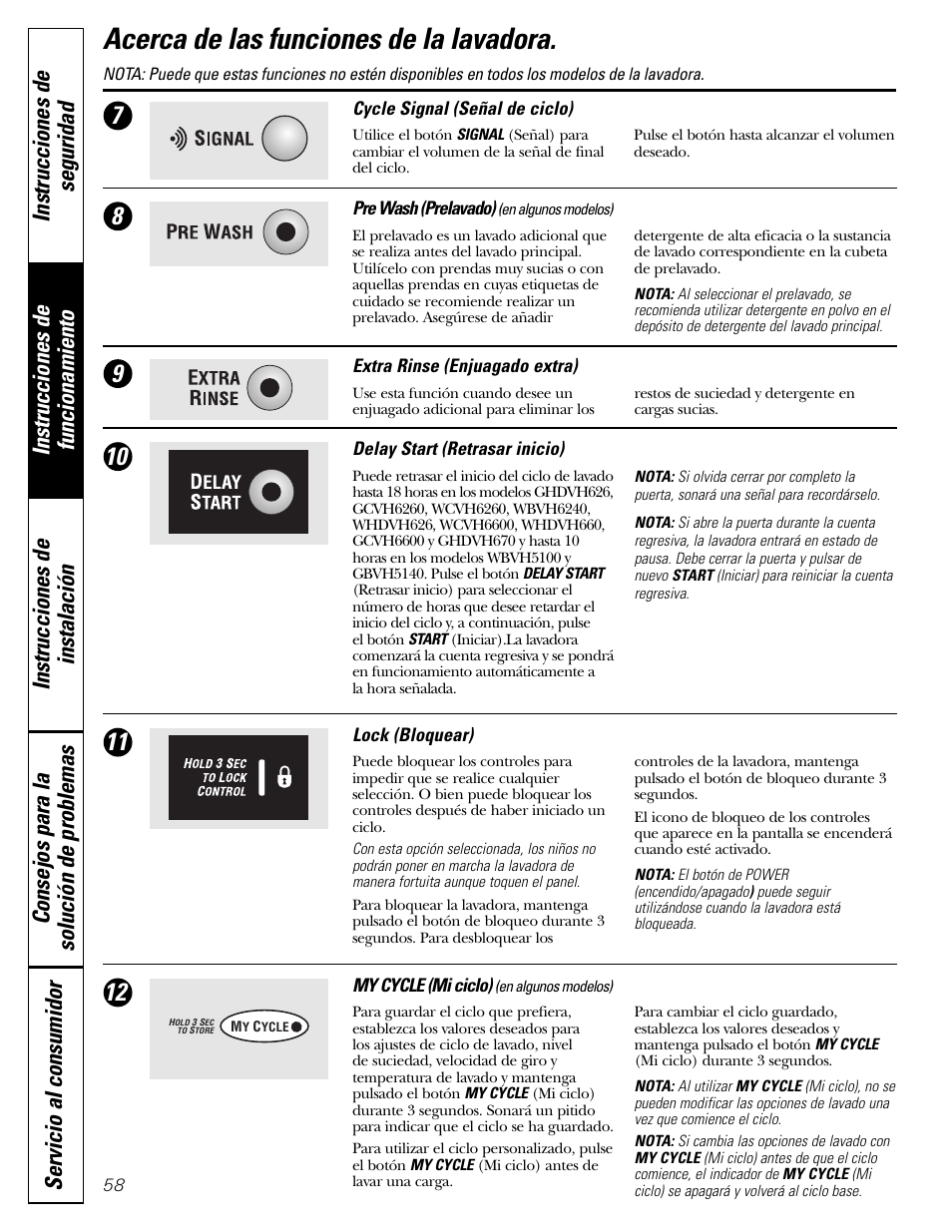 Funciones, Funciones –60, Acerca de las funciones de la lavadora | GE GHDVH670 User Manual | Page 58 / 76