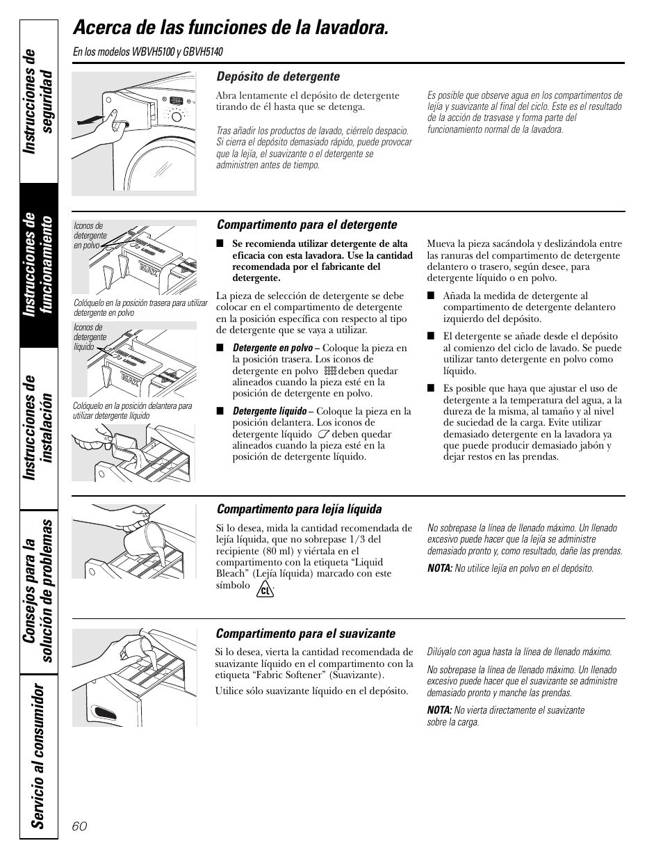 Acerca de las funciones de la lavadora | GE GHDVH670 User Manual | Page 60 / 76