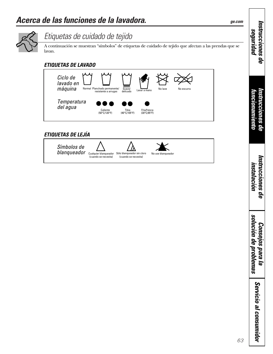 Etiquetas de cuidado de tejidos, Acerca de las funciones de la lavadora, Etiquetas de cuidado de tejido | Ciclo de lavado en máquina, Temperatura del agua, Símbolos de blanqueador | GE GHDVH670 User Manual | Page 63 / 76