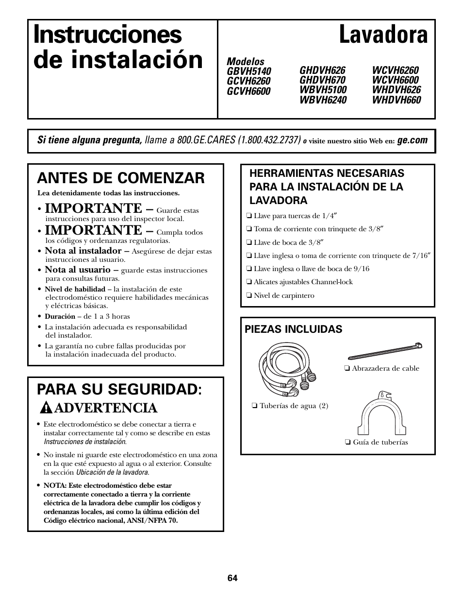 Instrucciones de instalación, Preparación para la instalación de la lavadora, Instrucciones lavadora de instalación | Antes de comenzar, Para su seguridad, Importante, Advertencia | GE GHDVH670 User Manual | Page 64 / 76