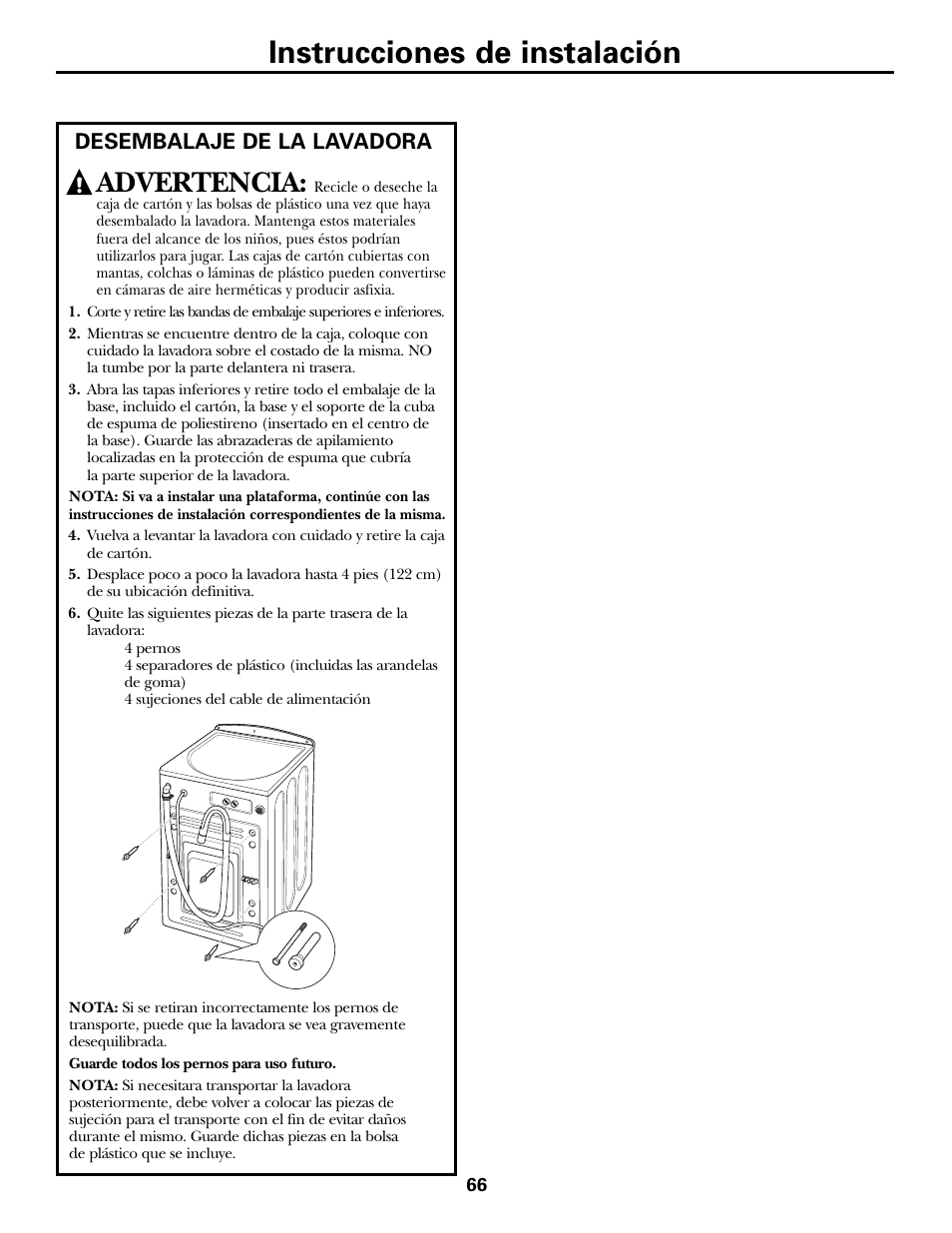 Desembalaje de la lavadora, Instrucciones de instalación, Advertencia | GE GHDVH670 User Manual | Page 66 / 76