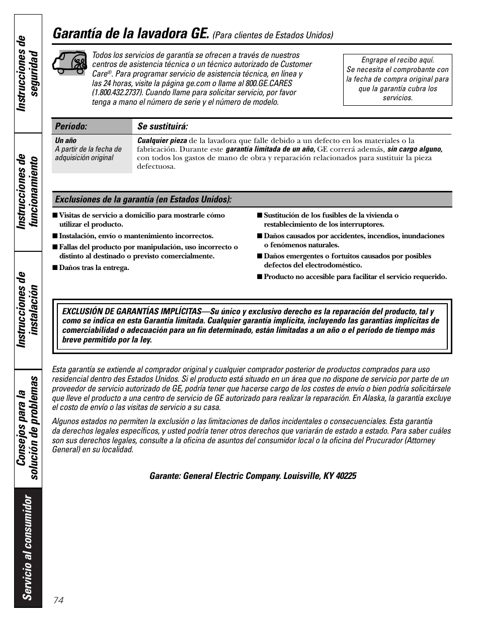 Garantía (ee.uu.), Garantía de la lavadora ge | GE GHDVH670 User Manual | Page 74 / 76