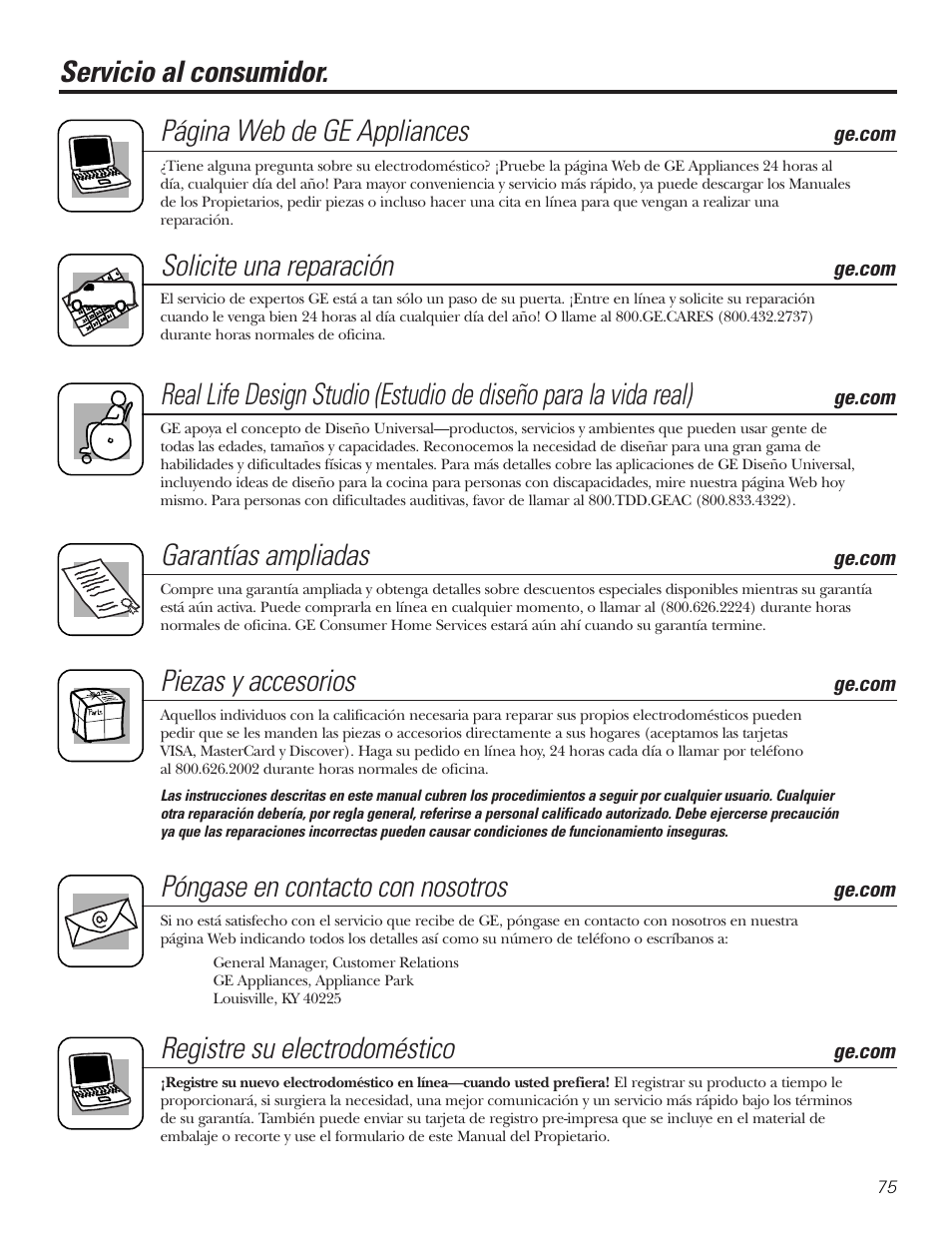 Servicio al consumidor, Solicite una reparación, Garantías ampliadas | Piezas y accesorios, Póngase en contacto con nosotros, Registre su electrodoméstico | GE GHDVH670 User Manual | Page 75 / 76