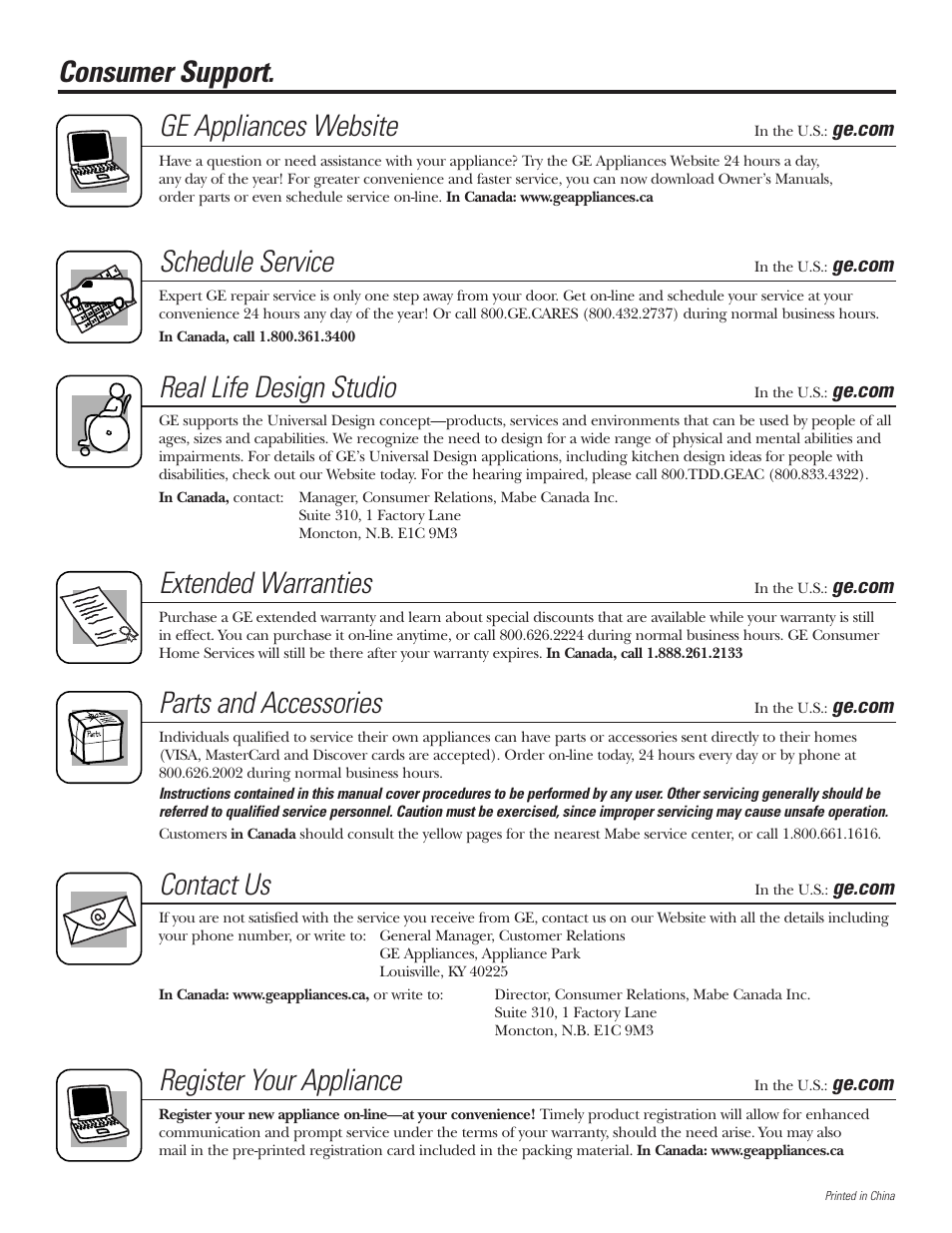 Service telephone numbers, Service telephone numbers . back cover, Consumer support. ge appliances website | Schedule service, Real life design studio, Extended warranties, Parts and accessories, Contact us, Register your appliance | GE GHDVH670 User Manual | Page 76 / 76