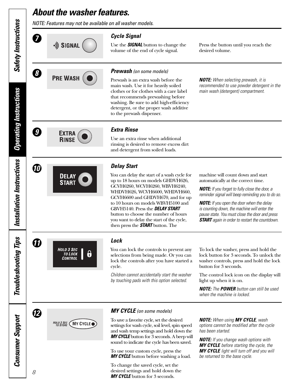 Features, Features –10, About the washer features | GE GHDVH670 User Manual | Page 8 / 76