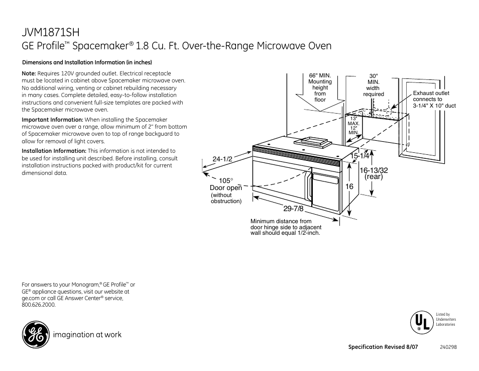 GE Profile JVM1871SH User Manual | 2 pages