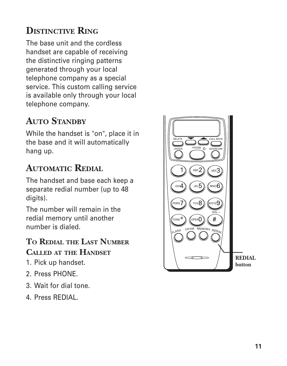 Distinctive ring, Auto standby, Automatic redial | To redial the last number called at the handset | GE 15362520 User Manual | Page 11 / 38