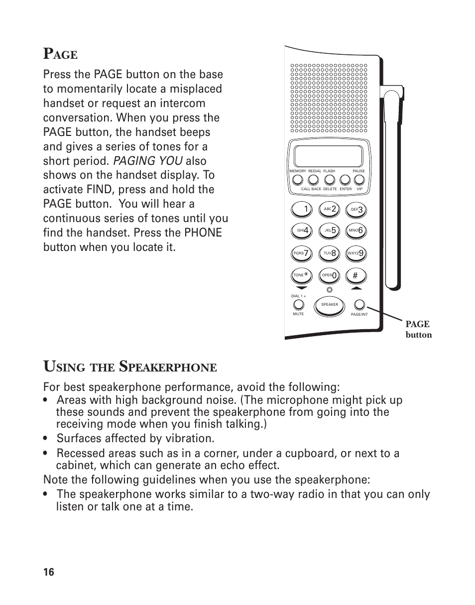 Using the speakerphone, Sing, Peakerphone | GE 15362520 User Manual | Page 16 / 38