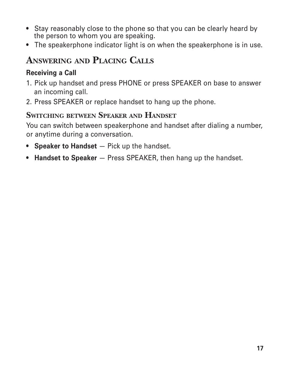 Answering and placing calls, Switching between speaker and handset | GE 15362520 User Manual | Page 17 / 38