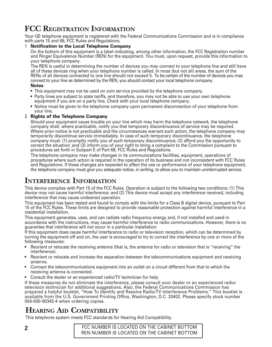 Fcc registration information, Interference information, Hearing aid compatibility | Fcc r | GE 15362520 User Manual | Page 2 / 38