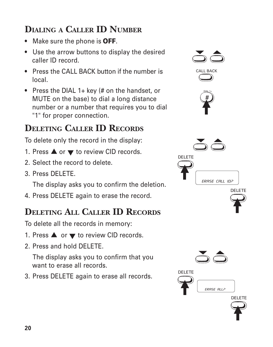 Dialing a caller id number, Deleting caller id records, Deleting all caller id records | Id r, Id n | GE 15362520 User Manual | Page 20 / 38