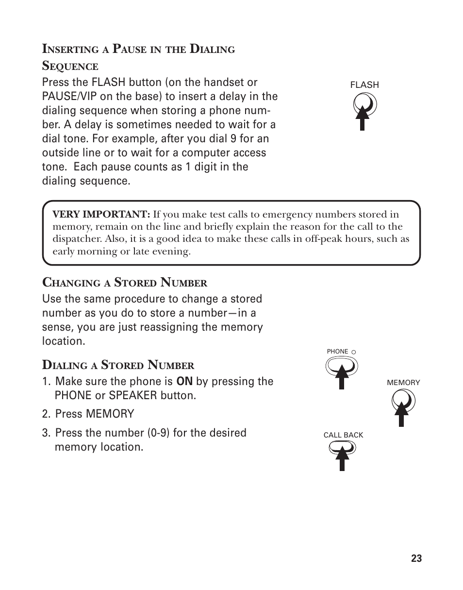 Inserting a pause in the dialing sequence, Changing a stored number, Dialing a stored number | GE 15362520 User Manual | Page 23 / 38