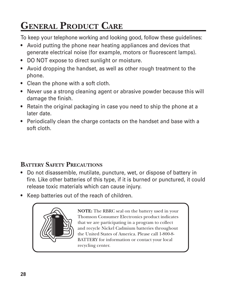 General product care, Battery safety precautions, Eneral | Roduct | GE 15362520 User Manual | Page 28 / 38