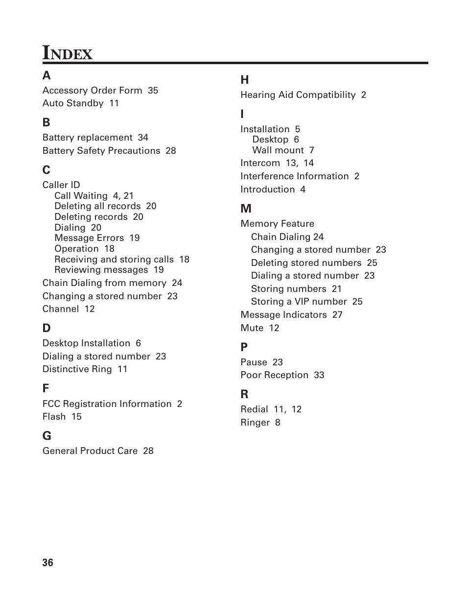 Index, Ndex | GE 15362520 User Manual | Page 36 / 38