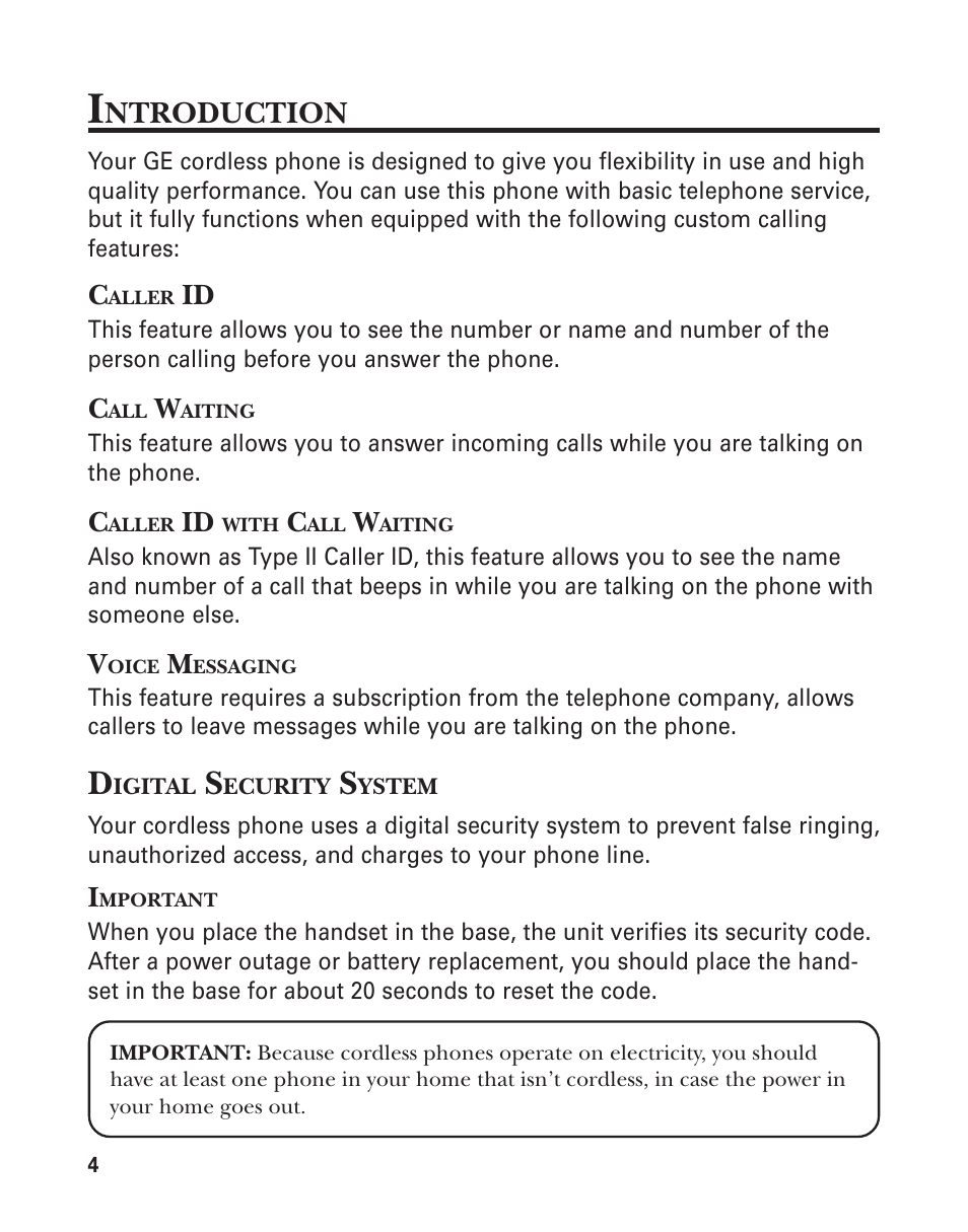 Introduction, Caller id, Call waiting | Caller id with call waiting, Digital security system, Ntroduction | GE 15362520 User Manual | Page 4 / 38