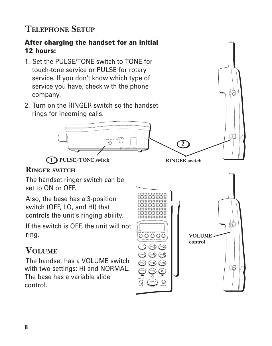 Telephone setup, Volume, Elephone | Etup, Olume, Inger, Switch, Pulse/tone switch, Ringer switch, Volume control | GE 15362520 User Manual | Page 8 / 38