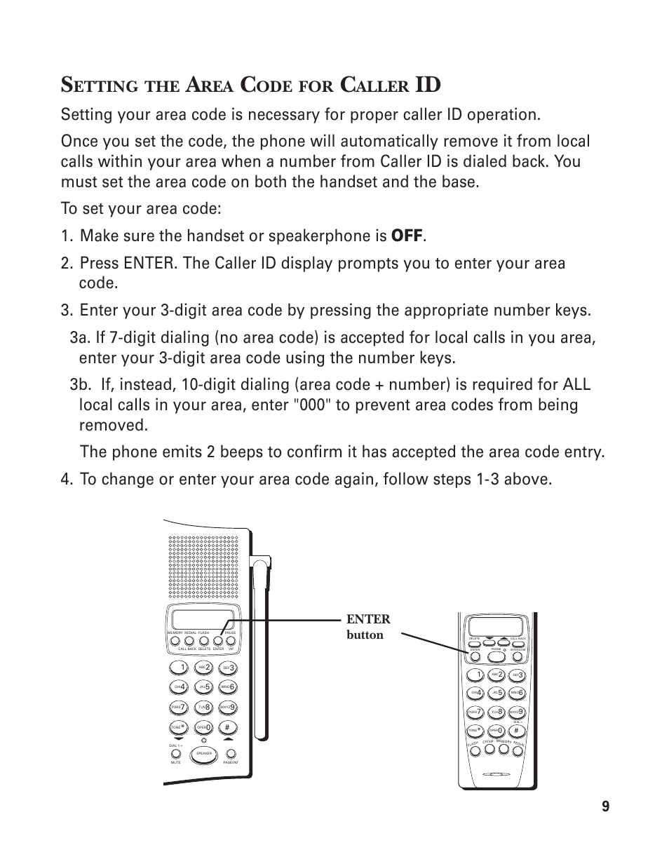 Setting the area code for caller id, Etting, Aller | Enter button | GE 15362520 User Manual | Page 9 / 38