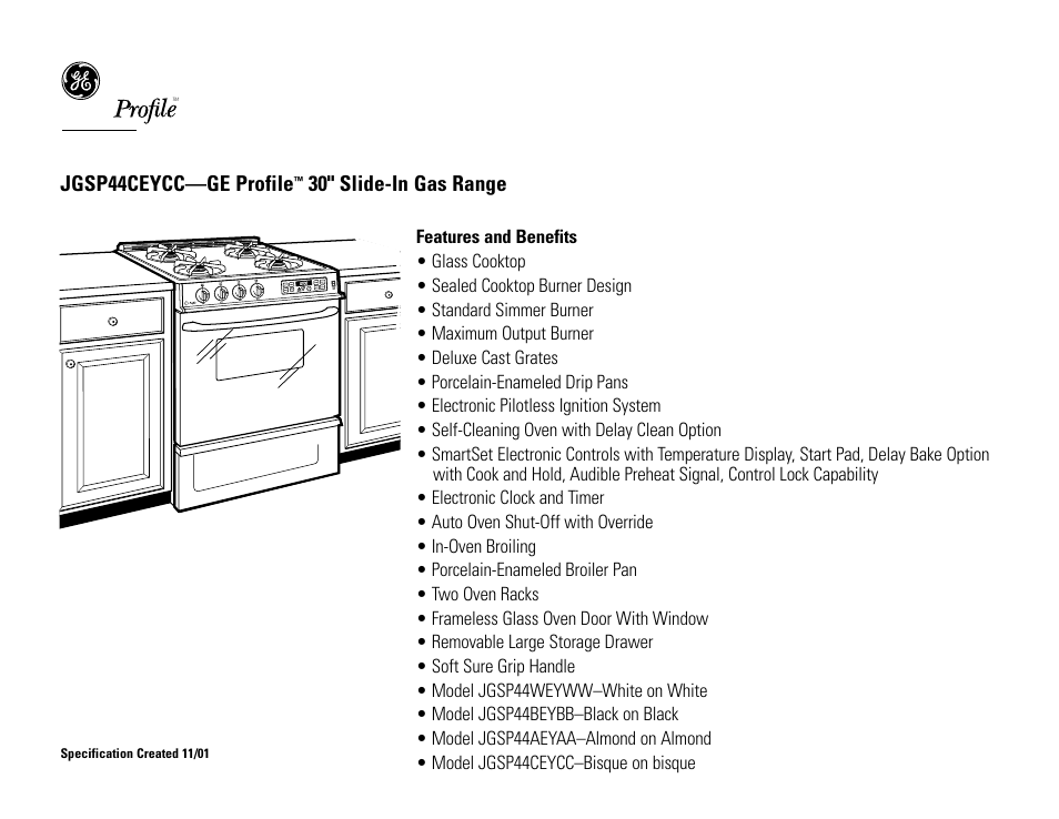 Jgsp44ceycc—ge profile, 30" slide-in gas range | GE Profile 31-10181 User Manual | Page 2 / 2
