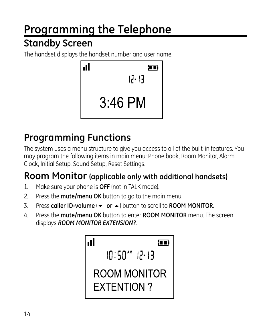 Programming the telephone, Standby screen, Programming functions | Room monitor | GE 28213 Series User Manual | Page 14 / 48